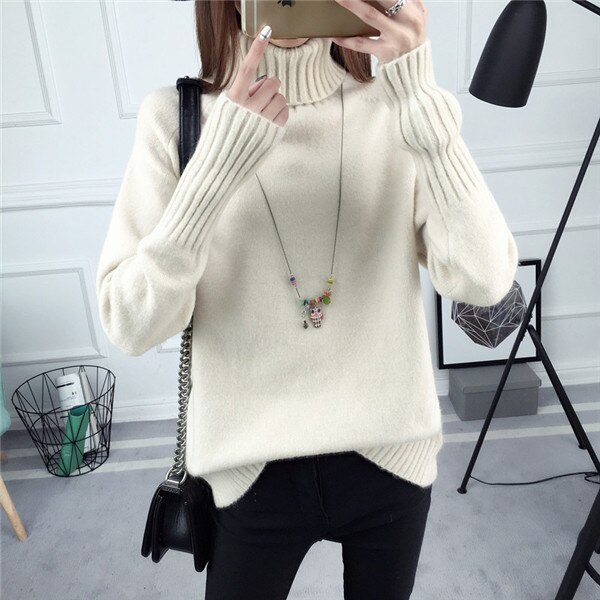 Turtleneck Knitted Pullovers Autumn Winter Women Sweater Solid Long Sleeve Knitwear Female Bottoming Sweaters Tops AB449: Beige