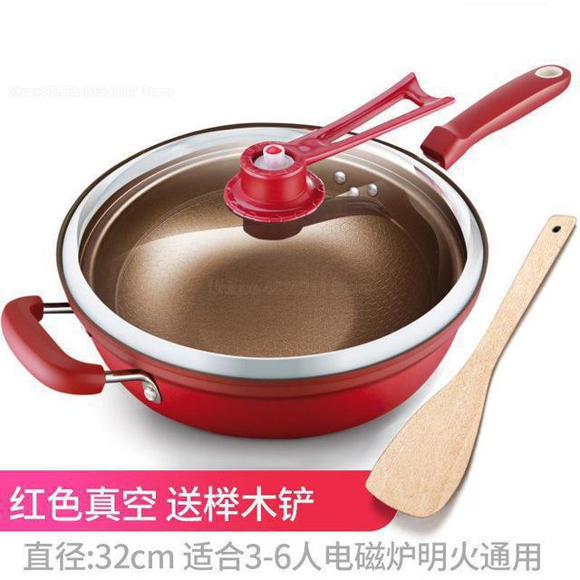 32cm Ijzeren Pot Huishouden Keuken Inductie Fornuis Universele Pan Vacuüm Wok Non Stick Pan Geen Olie Rook Pot Pan met Cover: 3