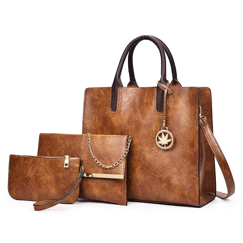 3 stk dametaskesæt pu læder dame håndtaske ensfarvet messenger bag skuldertaske pung tasker til kvinder: Brun