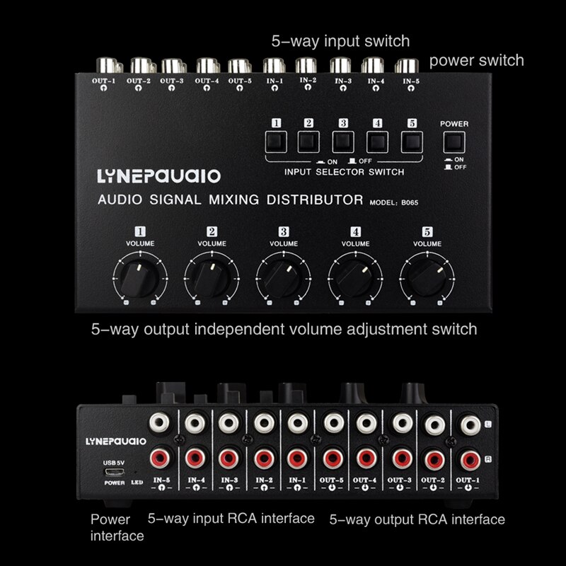 Dispositif de distribution de mixage sonore, sélection de Signal de fréquence Audio 5 en 5 sorties, commutateur indépendant d&#39;entrée/Interface RCA