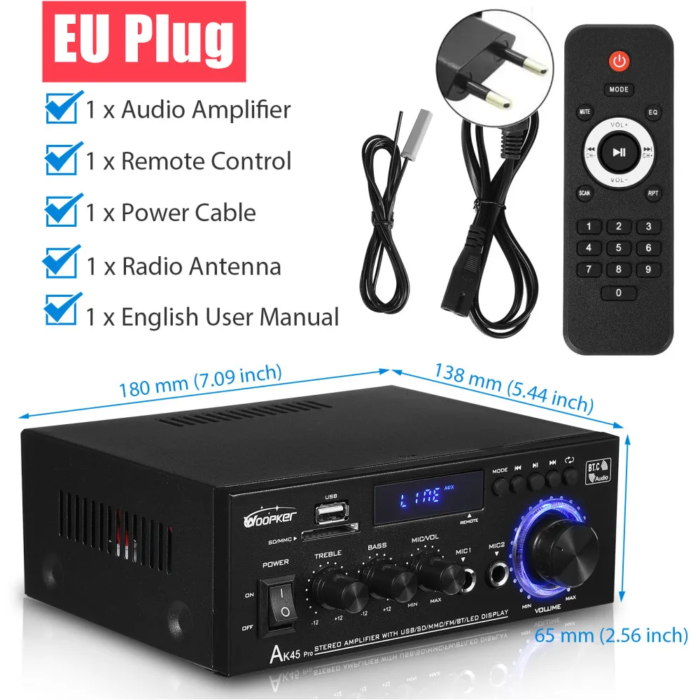 Woopker AK55/AK45 Pro/AK45/AK35 wzmacniacz dźwięku Bluetooth wzmacniacz cyfrowy do domowego samochodu Karaoke 2 kanał HiFi wzmacniacz audio FM USB: Srebrny