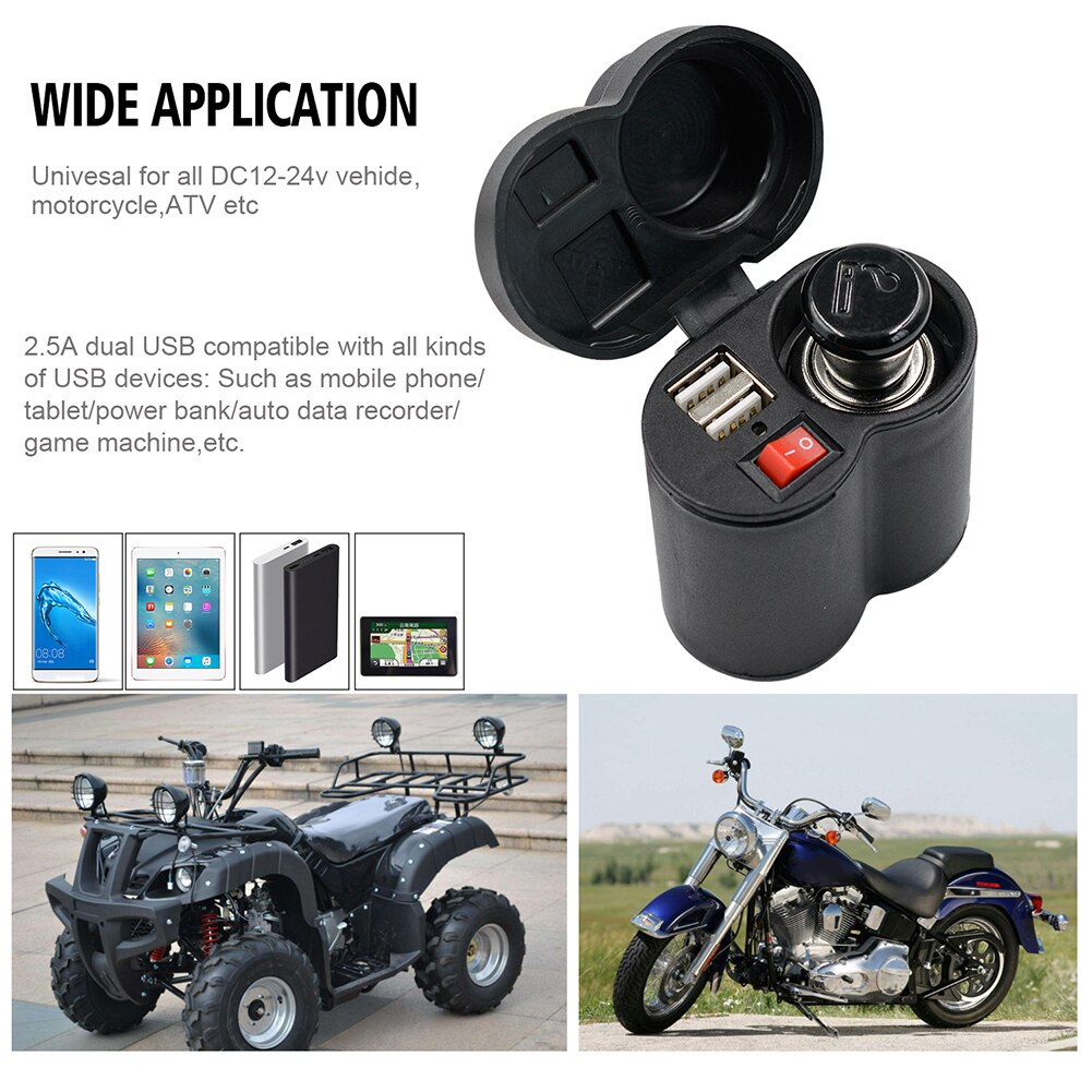 Motorcycle Dual USB Ports Lighter Socket Quick Phone Charger Adapter Motorbike Charger