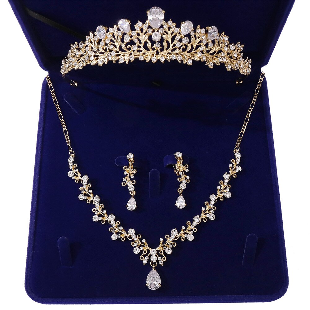 Baroque Gold Rhinestone Bridal Jewelry Sets Women Crystal Tiaras Crown Necklace Set Earrings For Bride Wedding Hair Accessories: Light Yellow Gold Color