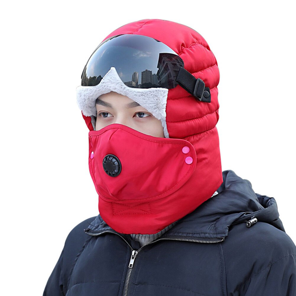 With Glasses Protective Outdoor Earflap Full Face Soft Snow Caps Ski Bomber Hat Riding Camping Hiking Windproof Warm Winter: Red / Black Glasses