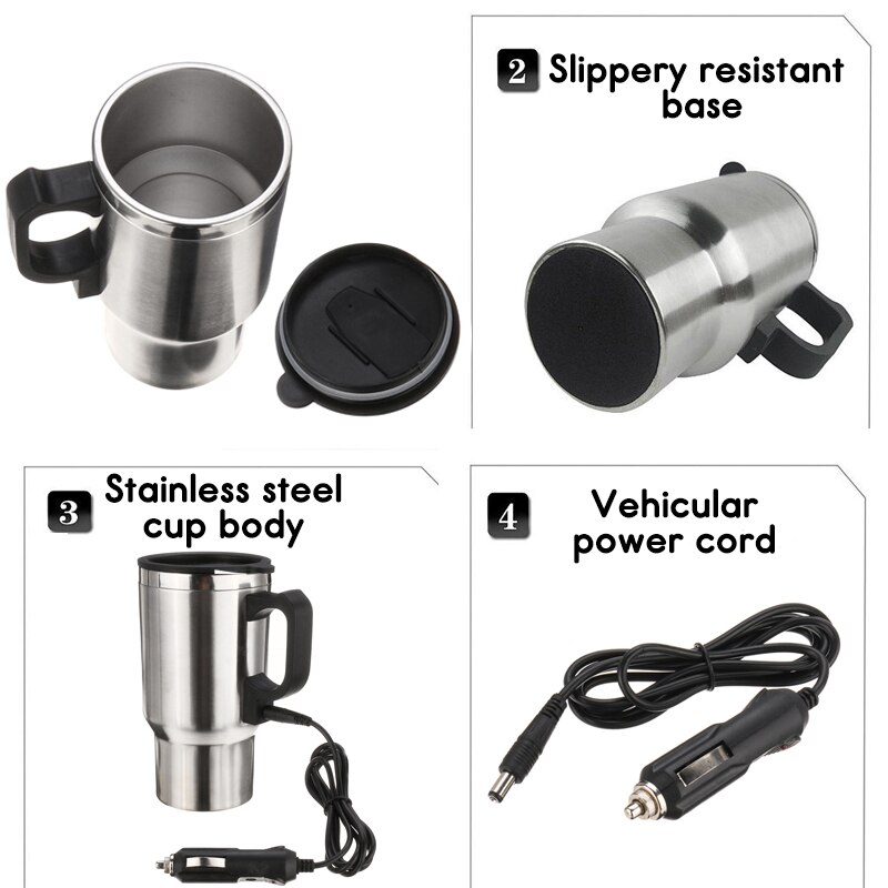 450ml Car Electric Heated Mug Vehicle Heating Cup Stainless Steel Car Insulated Mug Travel Tea Coffee Cup