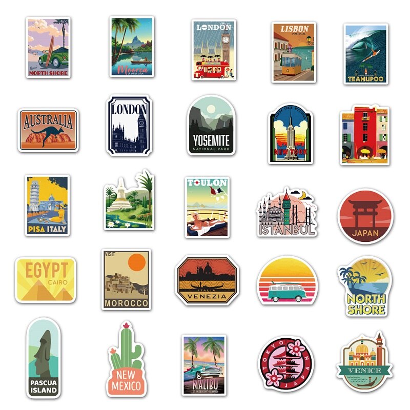 10/25/50PCS Global Travel City Landscape Stickers Decal Vinyl for Suitcase Skateboard Laptop Guitar Sticker