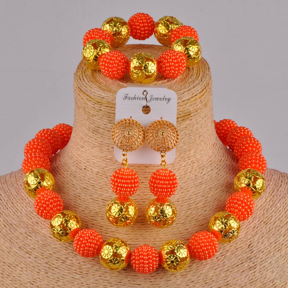 Klassieke nigeriaanse trouwsieraden, afrikaanse bruidsjurkaccessoires, perzikkleurige imitatieparelkettingset (az -77): Oranje