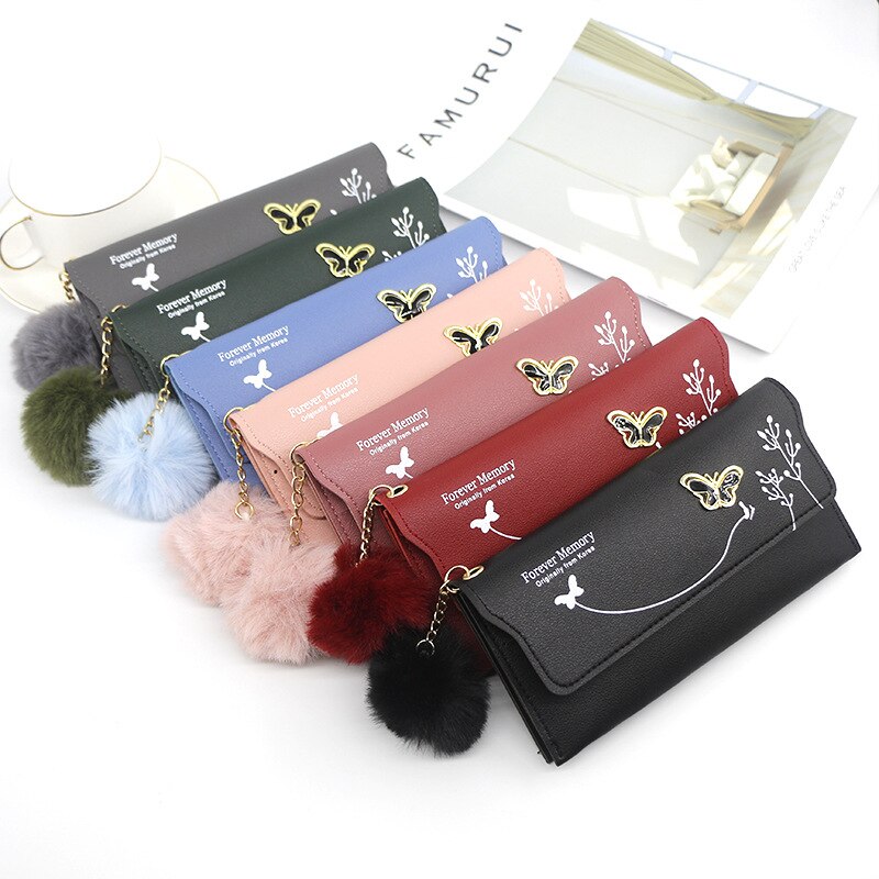 Modieuze Vrouwen Lange Portefeuilles Pure Kleur Wol Boog Clutch Bag Card Bag Coin Purse Standard Wallets Pu Solid Polyester