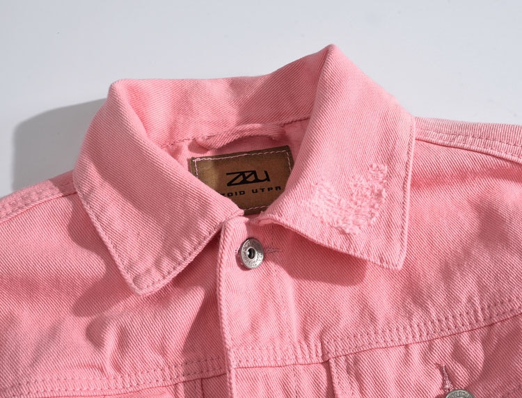 Chaquetas vaqueras rosadas para hombre, abrigos de mezclilla, nuevas chaquetas vaqueras para primavera y otoño, Jena con agujeros para hombre, Chaquetas vaqueras ajustadas para hombre, tallas 3XL