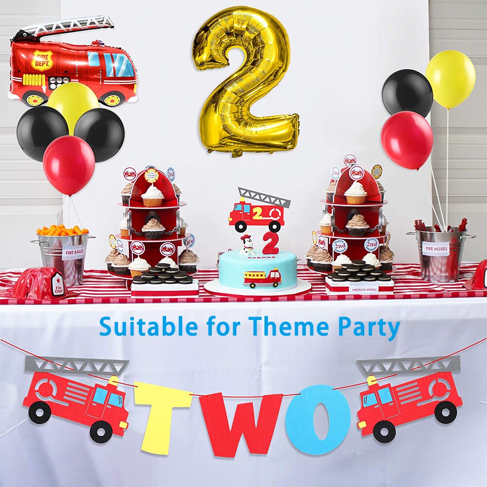 Party Supplies 42Pcs Firefighter Themed Fireman Two Year Old Party Fire Truck Banner Cake Topper Balloon Decoration for Kids