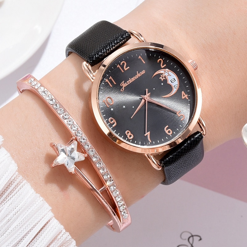 Dameshorloge met leren band, luxe lichtgevende wijzerplaat, sterrenwijzerplaat, dresswatches, zegarek damski reloj mujer