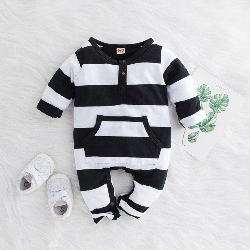 0-24M baby girl clothes Romper winter Long Sleeve Black White Striped Pocket Romper Casual baby boy clothes