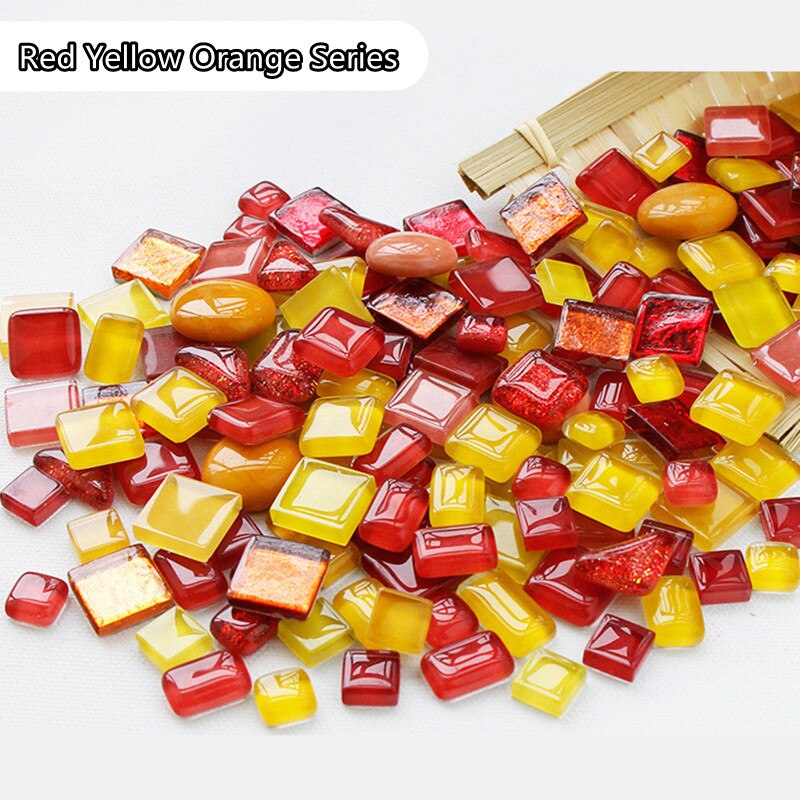 Azulejos de mosaico de vidrio diversificado, materiales para manualidades de mosaico DIY, mezcla de colores/formas, piedras de mosaico brillantes redondas/triangulares/cuadradas, 250g/8,81 oz: RedYeOrange Series