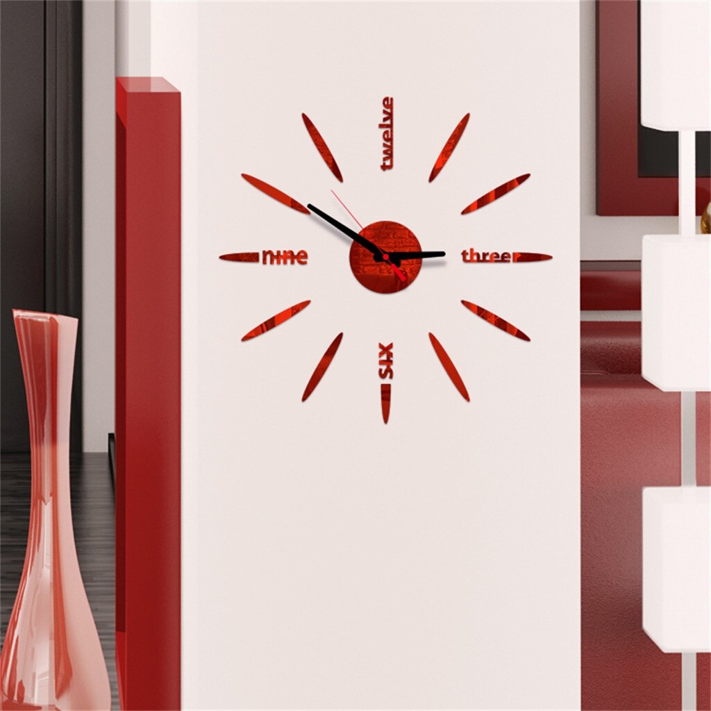 Concise Style Wall Clock 3D DIY Roman Numbers Acrylic Mirror Wall Sticker Clock Home Decor Mural Decals Living Room Office Room: Red