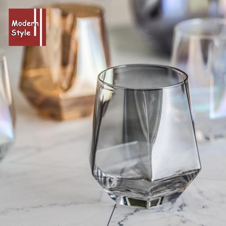 Taza de agua con forma de diamante transparente, taza de cristal con borde dorado, para beber en el hogar, polígono, mate, para leche, vino, estilo Elagant