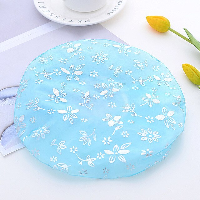 1 PC South Korean and lovely bath cap Adult woman double wave point shower cap Waterproof bath shower cap hat: Flower  blue