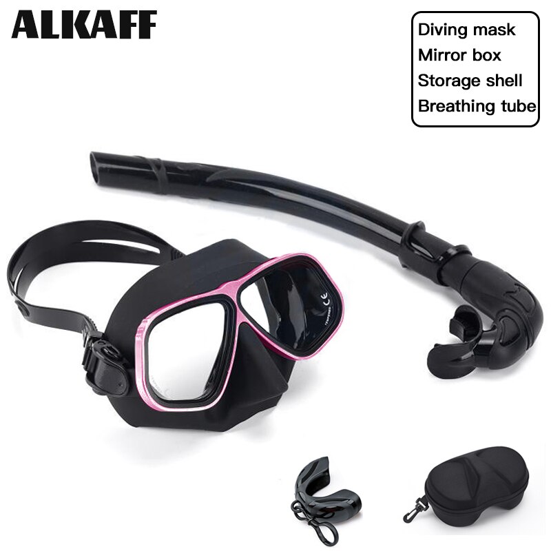 low volume free diving mask Alloy frame scuba diving equipment Snorkel goggles Toughened glass for free dive: Black pink suit