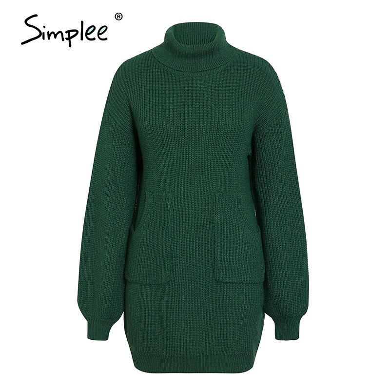 Simplee Casual turtleneck women sweater dress Autumn winter knitted dress with pockets lantern sleeve female sweater dress: green / L