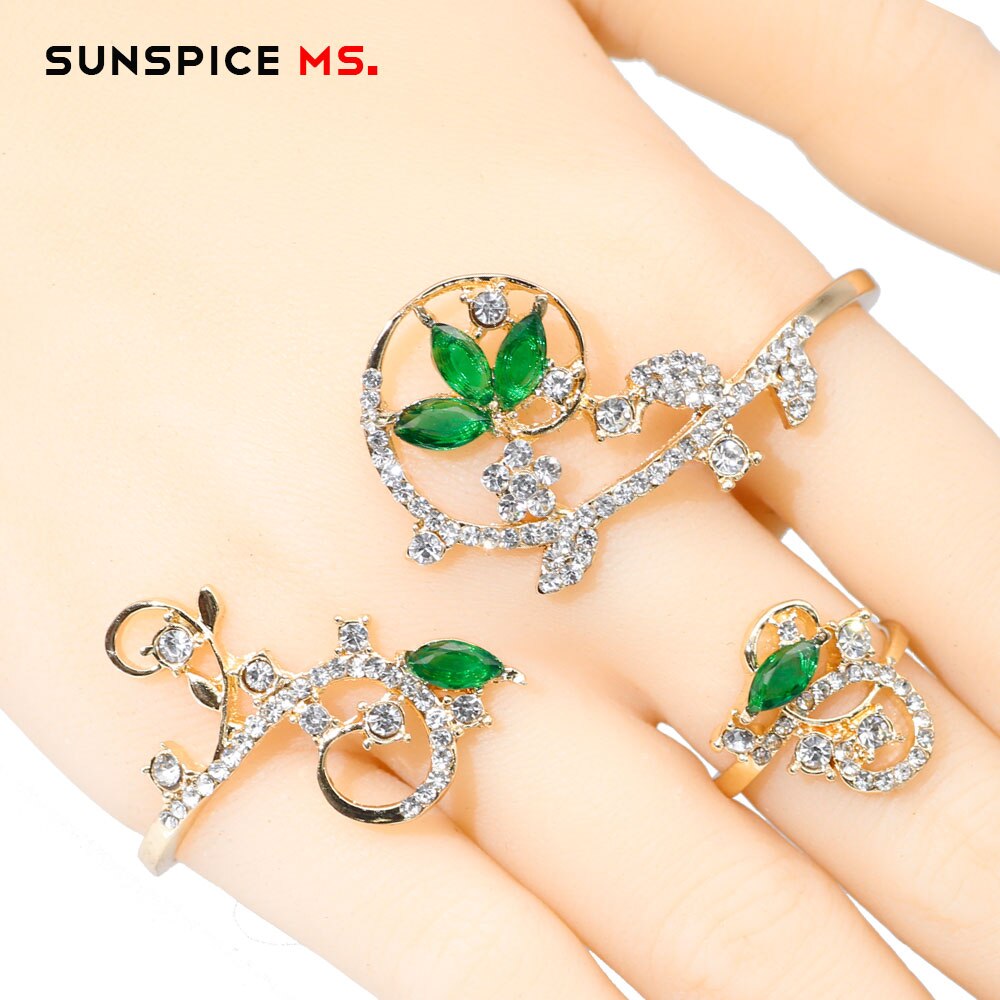 SUNSPICEMS Gold Color Palm Bangle With Ring Zircon Wedding Jewelry For Social Gatherings Senior Prom Flower Bracelet: LL091green