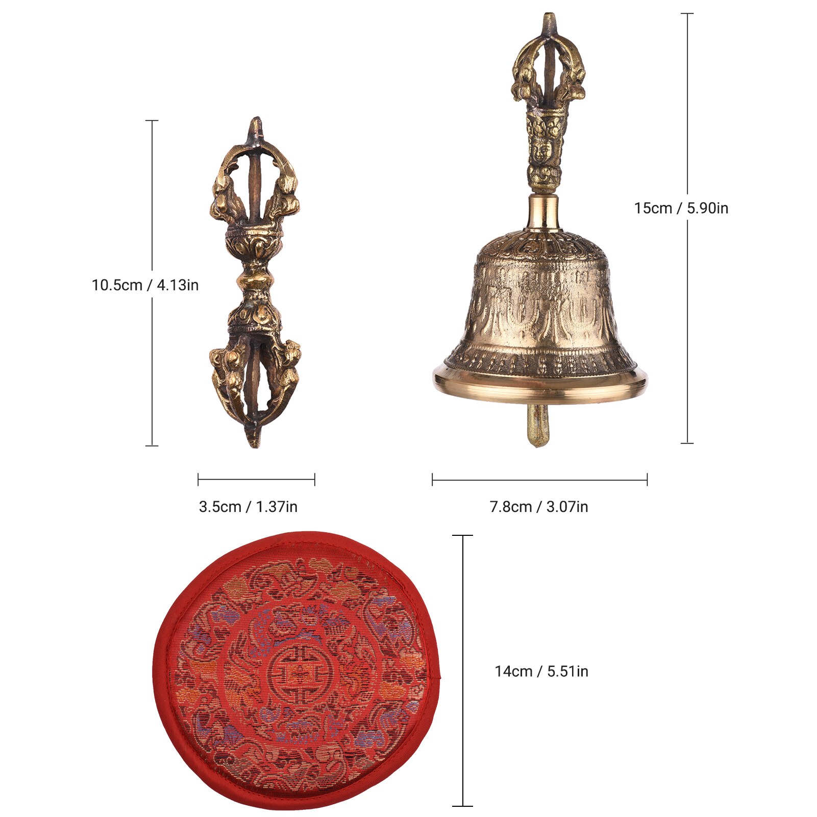 Tibetan Buddhist Bell Bronze Hand Bell with Vajra Padding for Meditation Prayer Bronze Die-Casting Handicraft: M