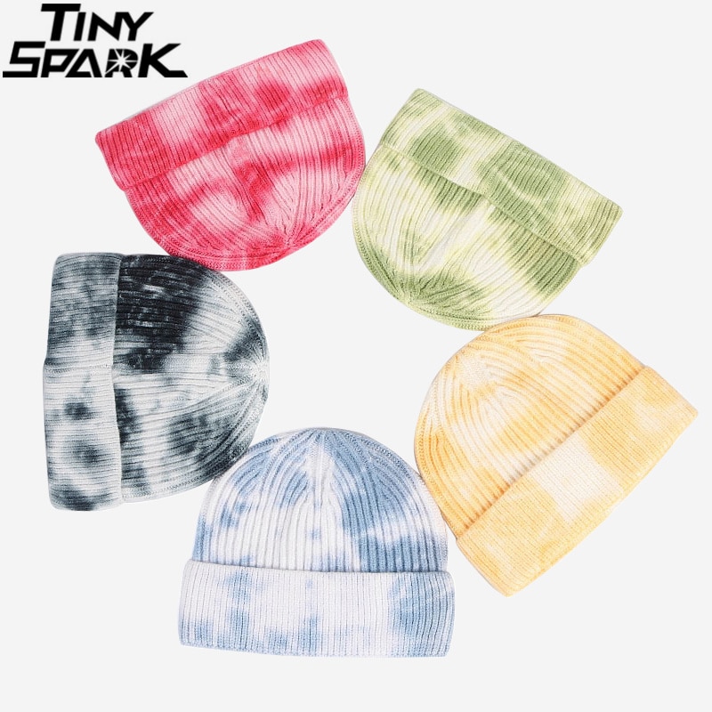 Men Hip Hop Tie Dye Knitted Hats Harajuku Streetwear Skullies Beanies Hats Autumn Winter Soft Cotton Warm Caps Japanese Style