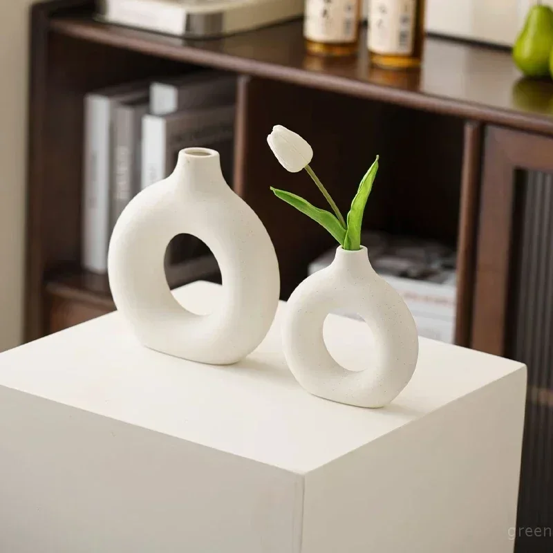 Florero decorativo de imitación de cerámica blanca pura, adorno de arreglo de flores de una sola rama, de Donut, decoración de mesa para maceta