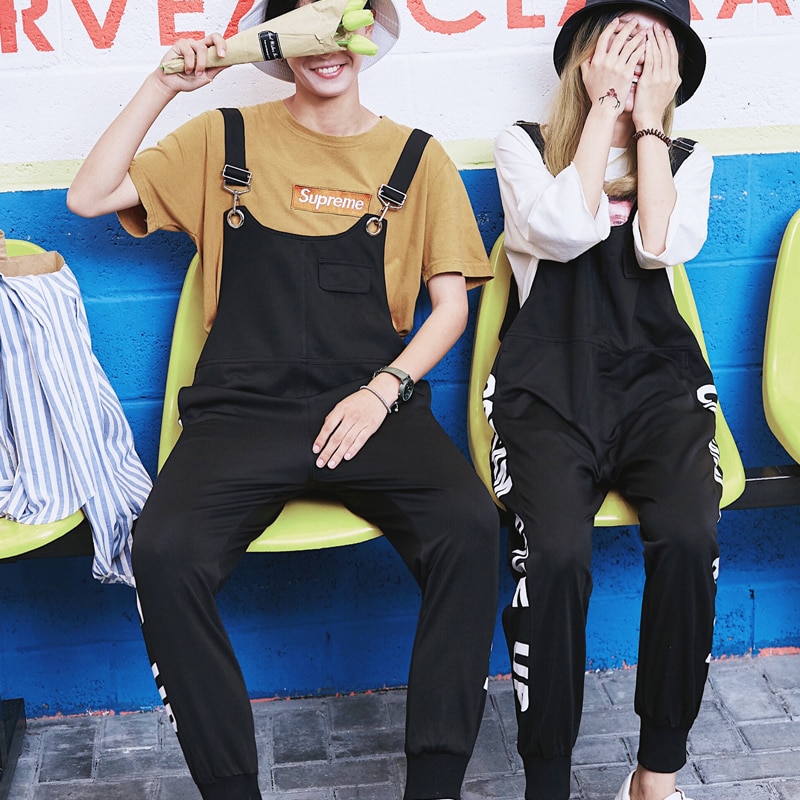 Couple Print Bib Overalls Harem Pants Denim Overalls Jeans Man Casual Black Denim Jumpsuits Jeans Man Ankle length