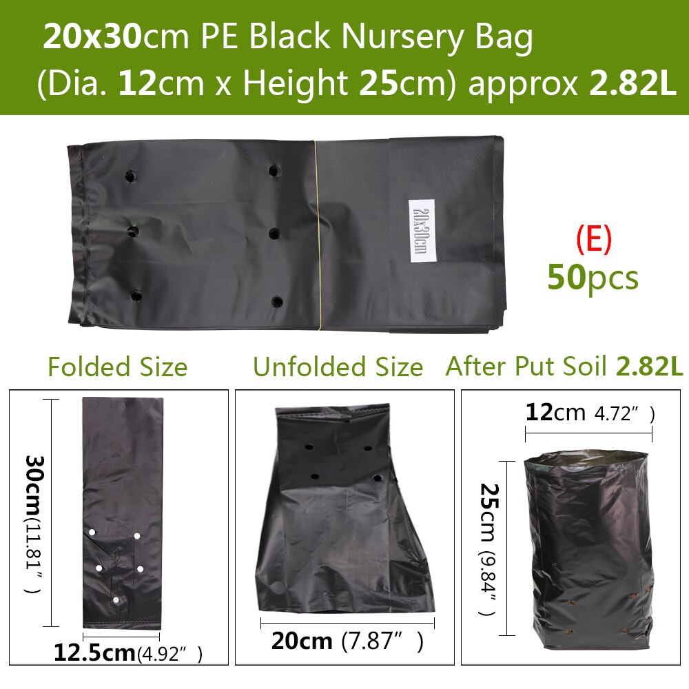 50PCSHDPE Black Grow Soil Bags Garden Agricultural Cultivation Pockets Seedling Breathable Permeable Anti-UV Pouch: E
