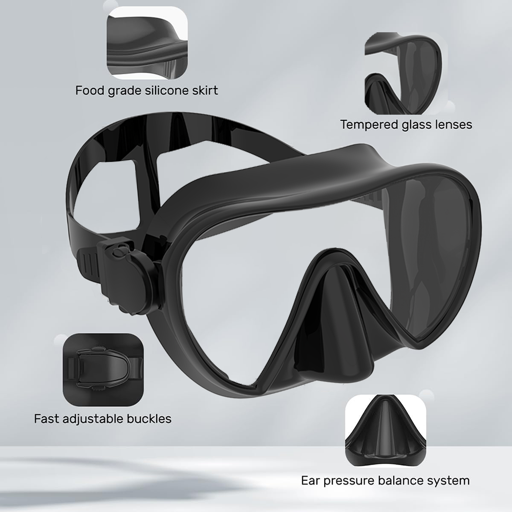 Rahmenlose Maske zum Tauchen, Schnorcheln, perfekte Dichtung, Silikonrock, Panorama-Schwimmbrille aus gehärtetem Glas, geeignet für Erwachsene