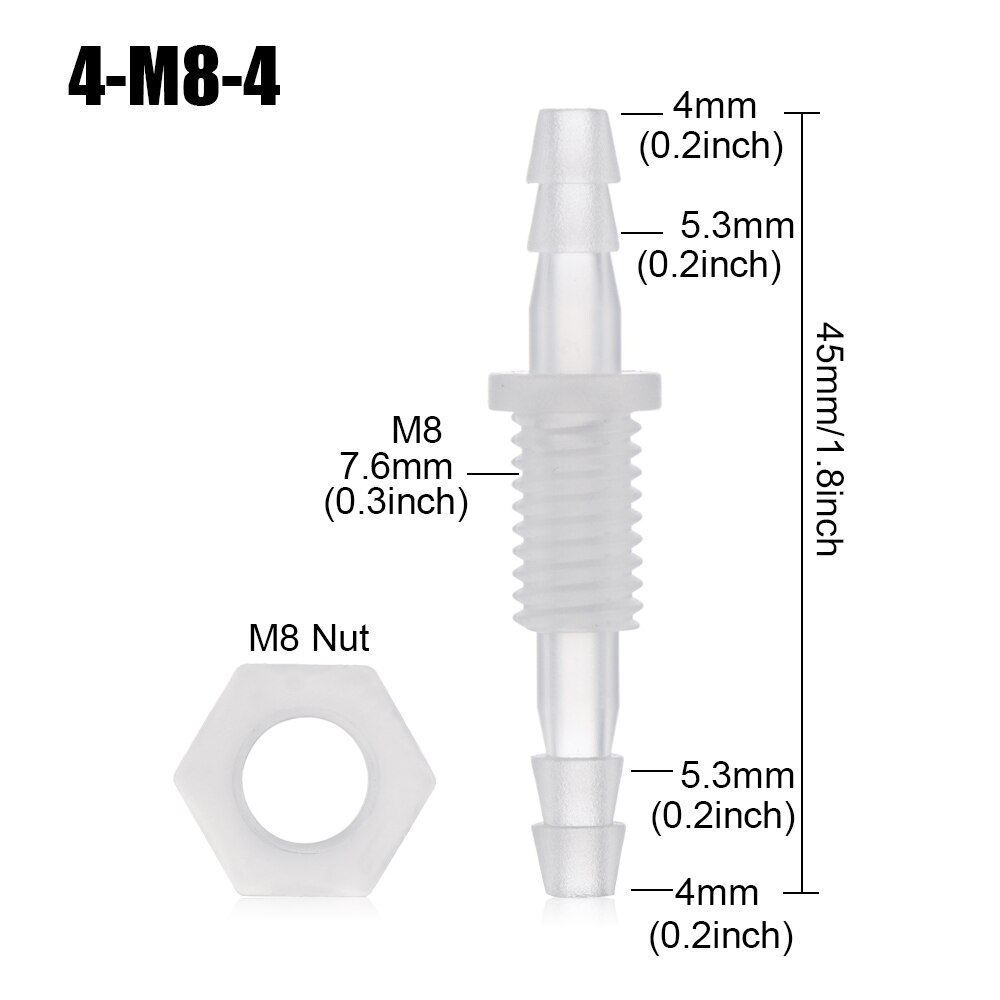 5pcs M6~M10 Thread Hex Nut PP Straight Garden Water Connectors Aquarium Fish Tank Adapter Air Pump Hose Fittings Pagoda Joints: 4-M8-4