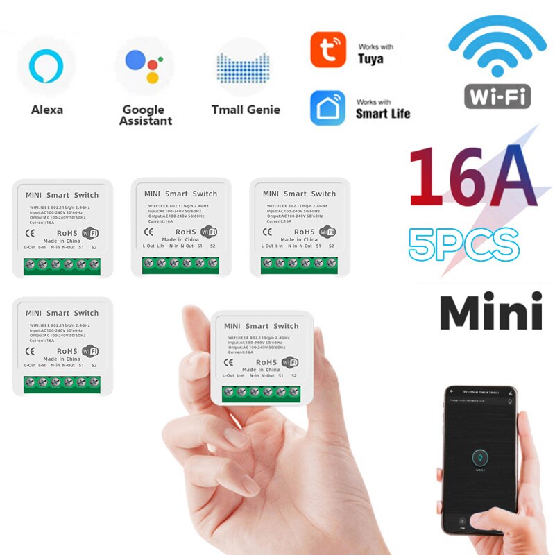 16A Mini Smart Wifi Diy Switch Ondersteunt 2 Manier Controle Smart Home Automation Module Werkt Met Alexa Google Thuis Smart leven App: 5pcs