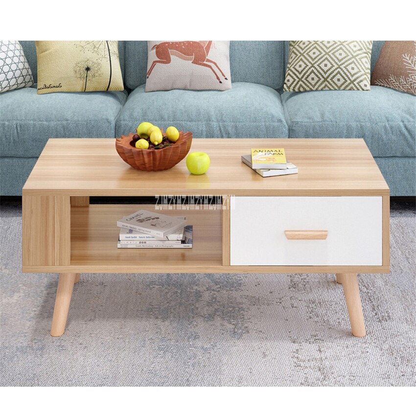 BO-003 Minimalist Modernity Coffee Table Rectangular Teapoy 1-Drawer Modern Living Room Side Table Solid Wooden Leg Tea Table