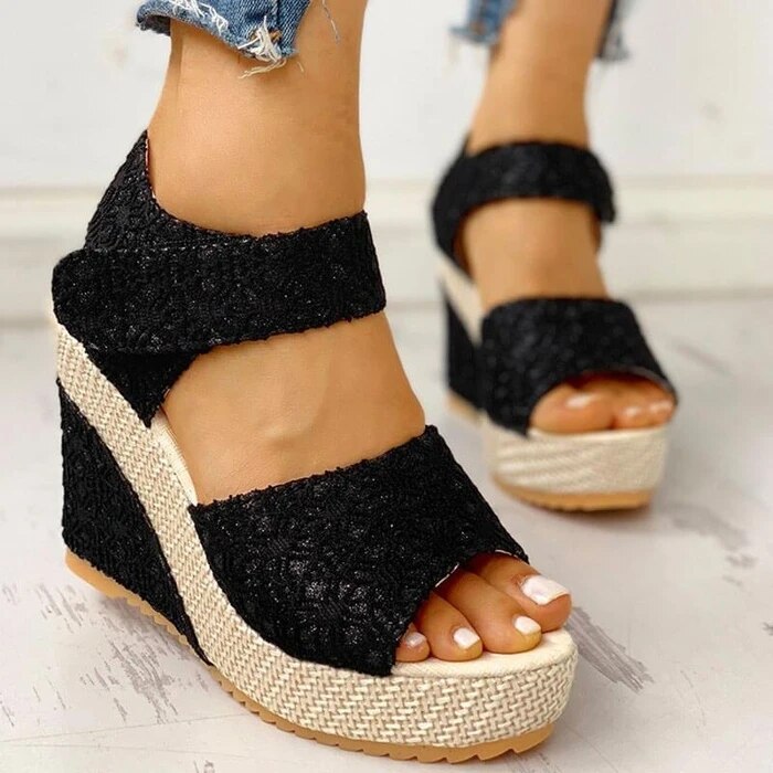 Sandales à talons compensés pour femmes, chaussures d'été à plateforme, en dentelle, à la , à bout ouvert, pour mariage, décontracté, grande taille