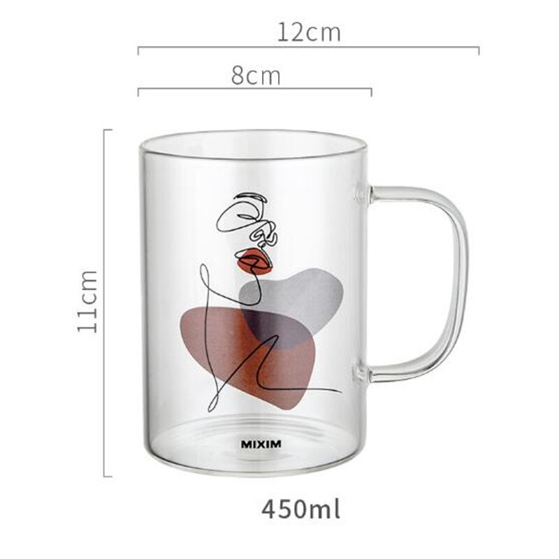 450ml stor kapasitet menneskelig ansikt mønster glass kopp med håndtak kaffe frokost melk øl krus te kopper til elskere venner