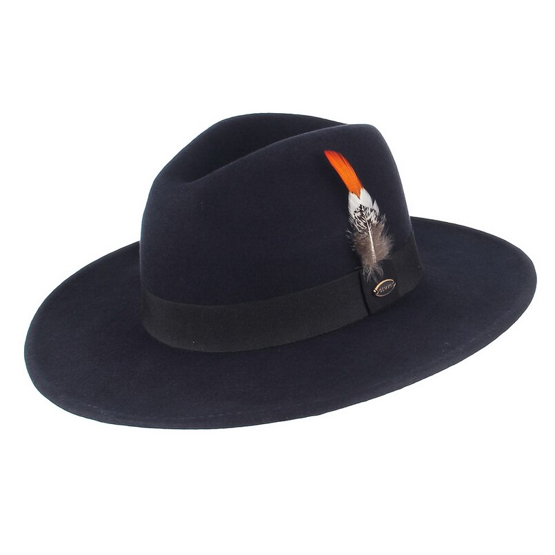 Gemvie bred skygge kvinder 100%  uld fedora vinter filt hat til mand stribet fjer band efterår panama jazz cap: Marine blå