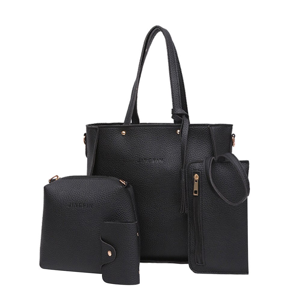 Women Bag Set Top-Handle Big Capacity Female Tassel Handbag Shoulder Bag Purse Ladies PU Leather Crossbody Bag #L10: Black