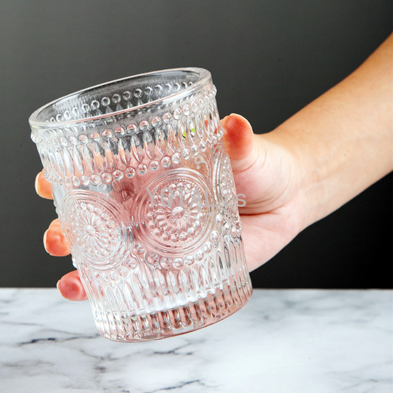 Sense of Weight 250-380ml Vintage Embossed Wine Cup Ins Whiskey Vodka Sun Flower Stemless Golden Mouth Ice Coffee Bar Drinkware