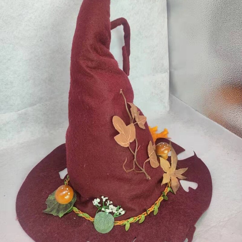 Felt Pointed Hat Wizard Hat with Flower Decor Steeple Witch Hat Party Headgear Cosplay Halloween Witch Costume
