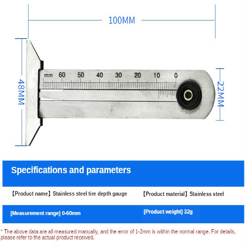 Herramienta de medición de profundidad de neumáticos, regla de seguridad con patrón de neumático de acero inoxidable de , 30mm, 50mm, 60mm: 0-60mm