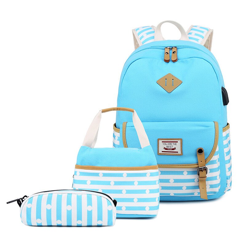 Usb Zak Vrouwen Aankomst Vrouwen Canvas Rugzak Schooltas Voor Meisjes Rugzak Rugzakken Schooltassen Reizen 3 Pcs: Sky Blue