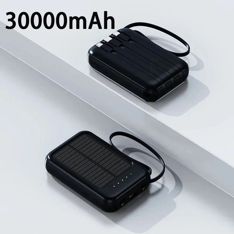 50000 mah solcelle-powerbank med 4 opladningskabler, led-lys, bærbar ekstern batterinødforsyning til alle mobiltelefoner