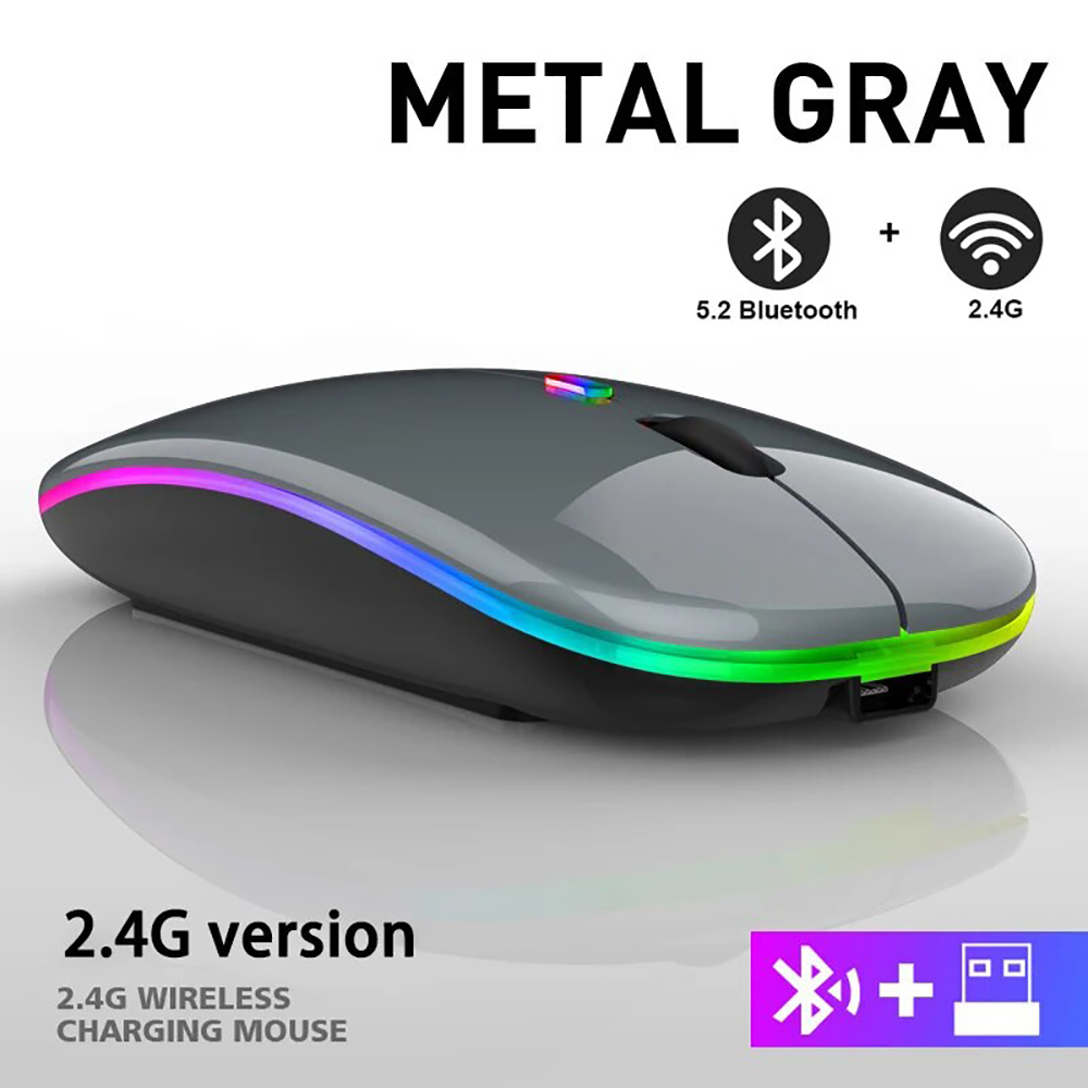 Ratón inalámbrico Bluetooth, recargable por USB, luz LED retroiluminada, 2,4G, modo Dual, ratón silencioso para ordenador portátil, ratón para juegos de PC: Gris
