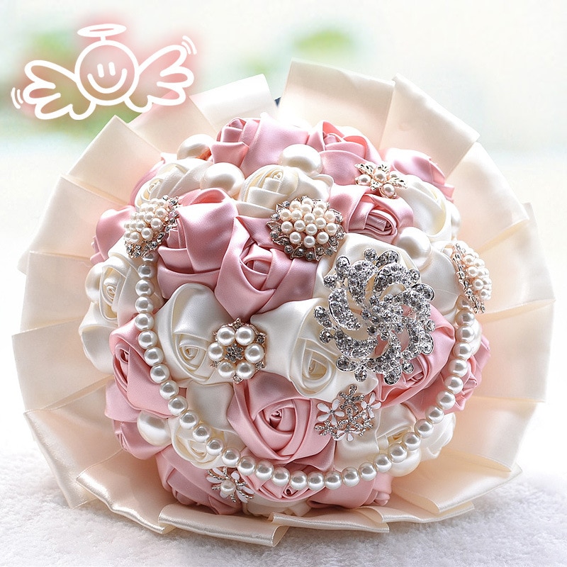 AYiCuthia Stunning Crystal Flower And Pearls Wedding Flowers Pink Bridesmaid Bridal Bouquets Artificial Rose Wedding Bouquet S59