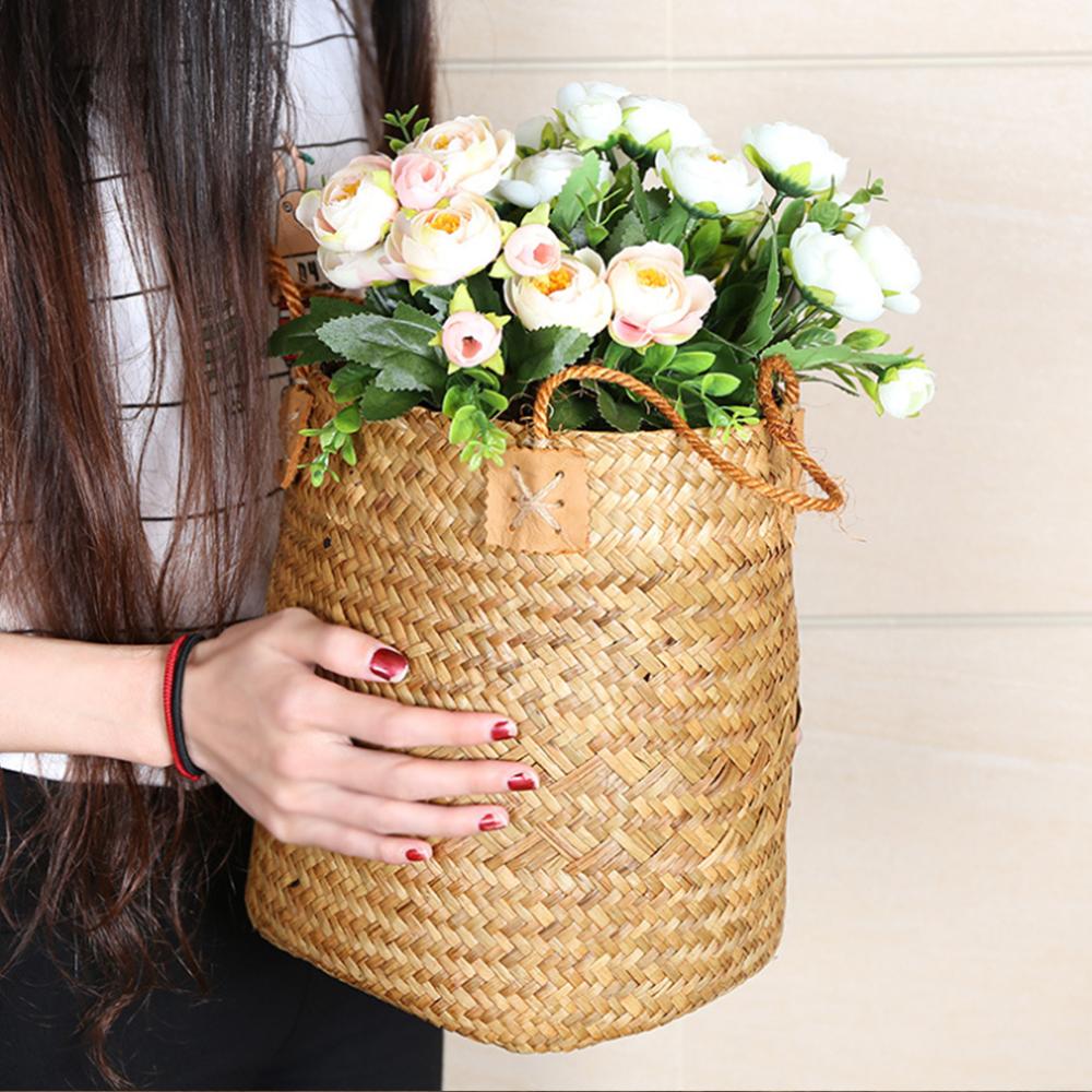 Seagrass Woven Storage Baskets Garden Flower Vase Hanging Basket Rattan Planter Potted Organizer Home Laundry Basket with Handle