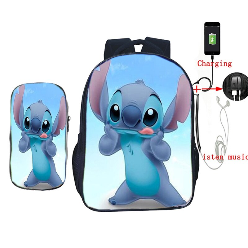 USB Opladen Rugzak Jongens Meisjes Stitch Gedrukt Rugzak Schooltassen met Etui 2 stks/set Casual Reizen Shouler Rugzak: 17