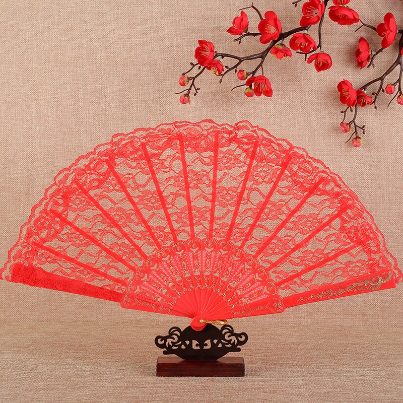 23cm Thin Lace Fan Plastic Bone Hand Fan Art Craft Lolita Japanese Sweet Girl Dance Photo Props Wedding Party Decoration: Red no pendant