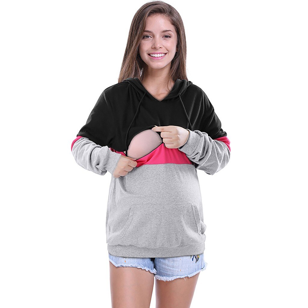 Maternity Blouses And Tops Pregnant Nursing Clothes Winter Breastfeeding Hooded Cotton Nursing Pullover Sweatshirt Y1031: BK / S