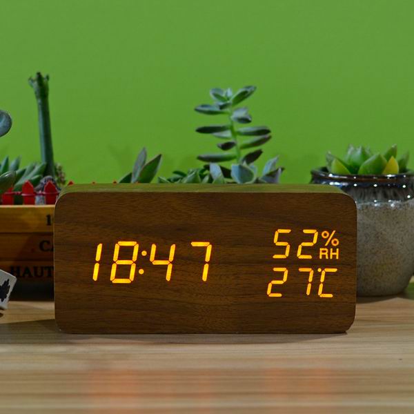 FiBiSonic Holz holz LED Wecker, Despertador Temperatur Feuchtigkeit Elektronische Schreibtisch Digitale Tabelle Uhren: Braun Gelb