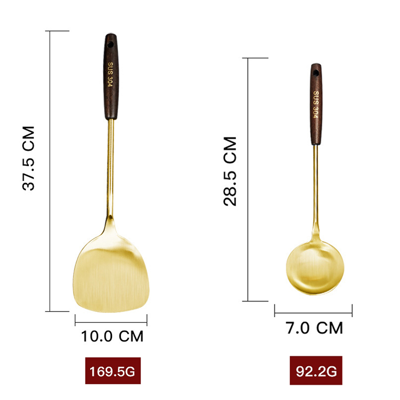 6 PCS Cooking Utensils Golden Stainless Steel Kitchenware Set With Wooden Handle Household Kitchen Cookware Sets Pot Accessories: Shovel Small spoon