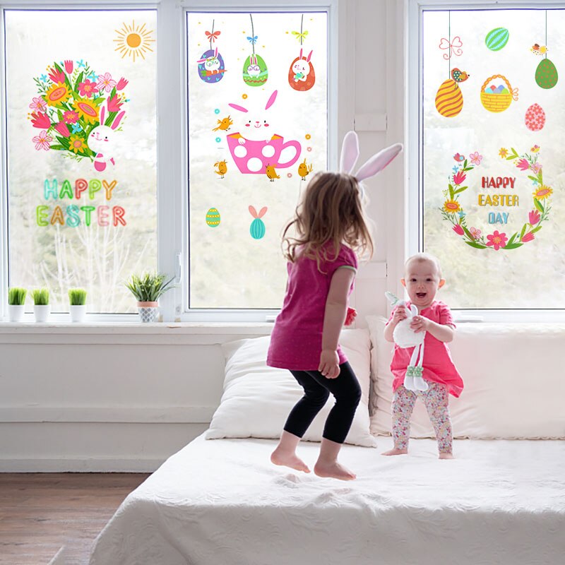 9 Sheets Easter Window Wall Stickers Removable Glass Static Sticker Decals Kids Room School Easter Party Decoration Home Decor